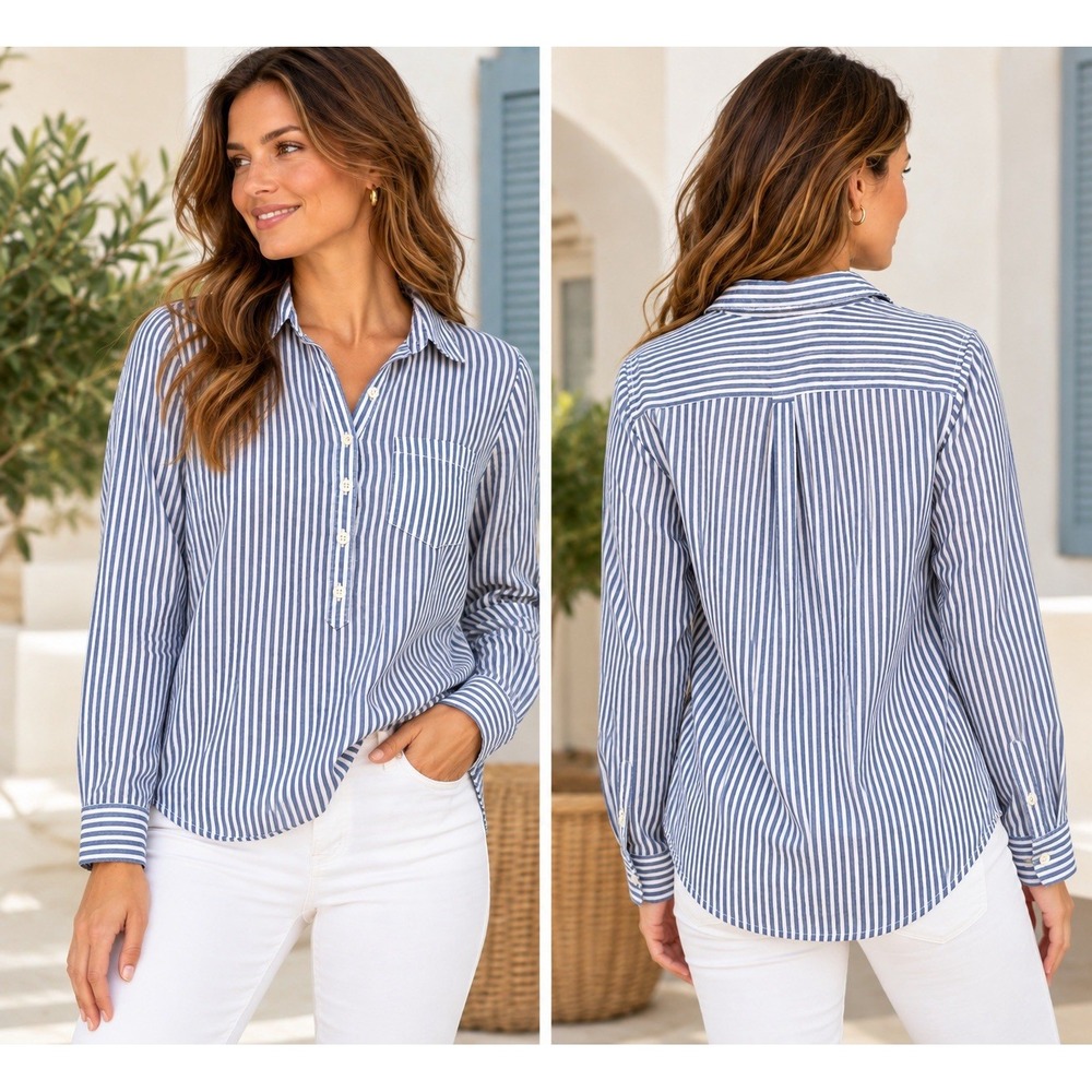 J.Crew Womens M Blue White Striped Popover Shirt Roll Tab Cotton 45494